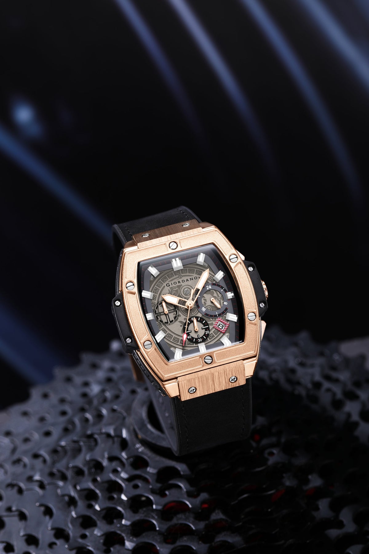 Giordano Terminator Men's Rose Gold Leather Multifunction Watch - with Day, Date, and 24-Hour Sub-Dials | Water Resistant Square Dial Unique Design Wrist Watch for Man | GZ-50098-02