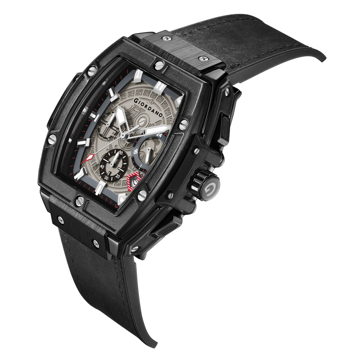 Giordano Terminator Men's Black Leather Multifunction Watch - with Day, Date, and 24-Hour Sub-Dials | Water Resistant Square Dial Unique Design Wrist Watch for Man | GZ-50098-03