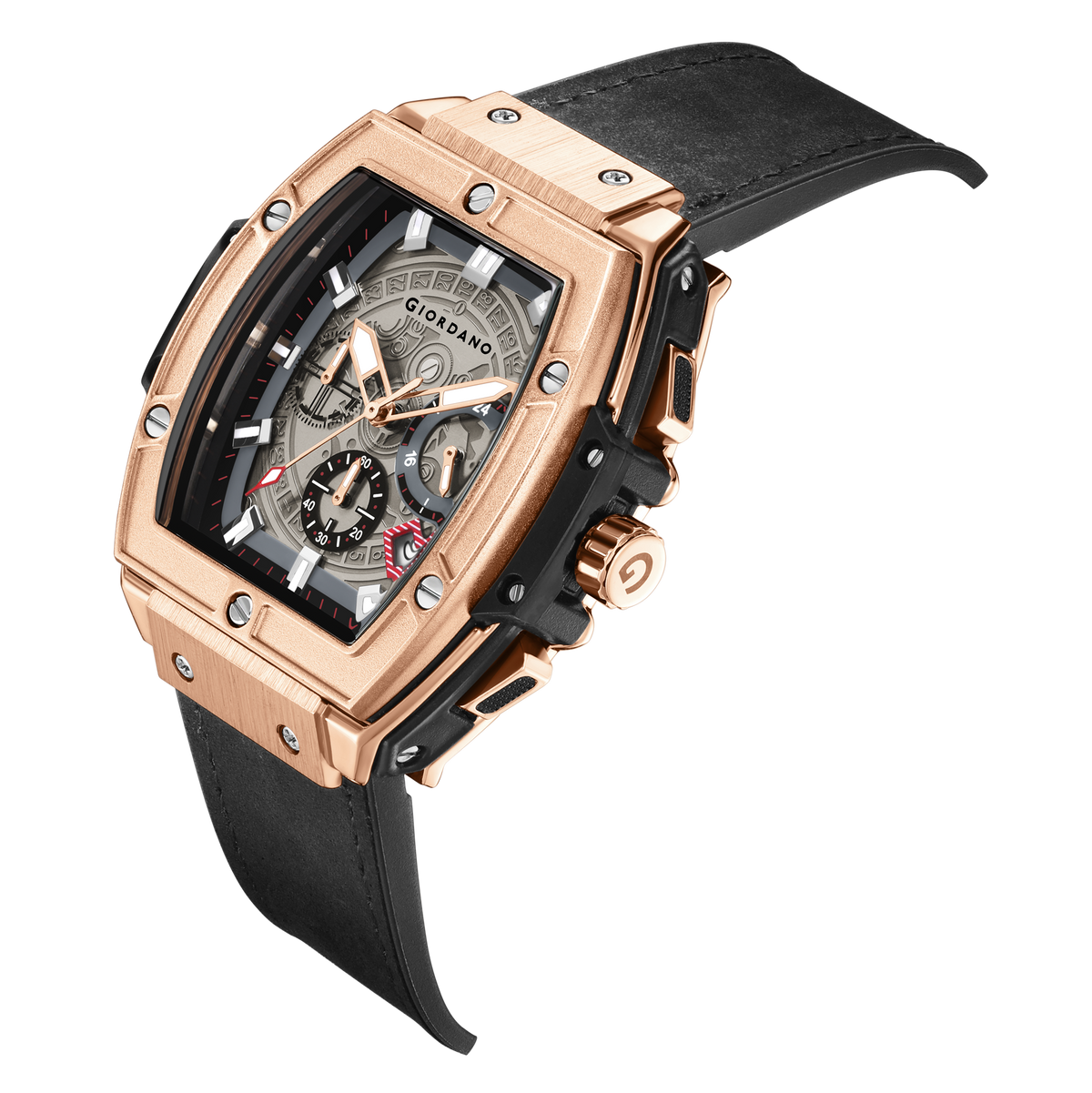 Giordano Terminator Men's Rose Gold Leather Multifunction Watch - with Day, Date, and 24-Hour Sub-Dials | Water Resistant Square Dial Unique Design Wrist Watch for Man | GZ-50098-02